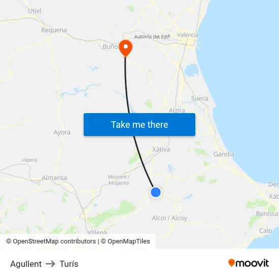 Agullent to Turís map