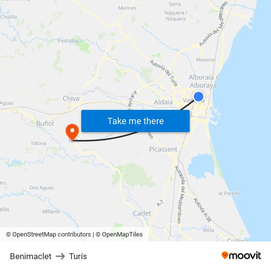 Benimaclet to Turís map