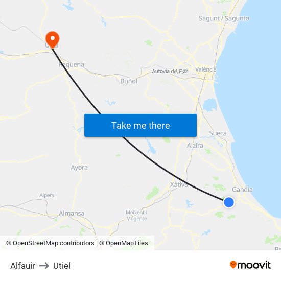 Alfauir to Utiel map