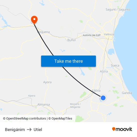 Benigánim to Utiel map