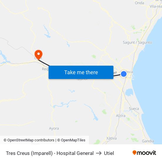 Tres Creus (Imparell) - Hospital General to Utiel map
