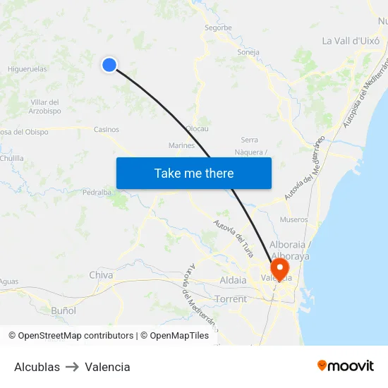Alcublas to Valencia map