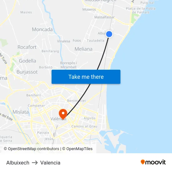 Albuixech to Valencia map