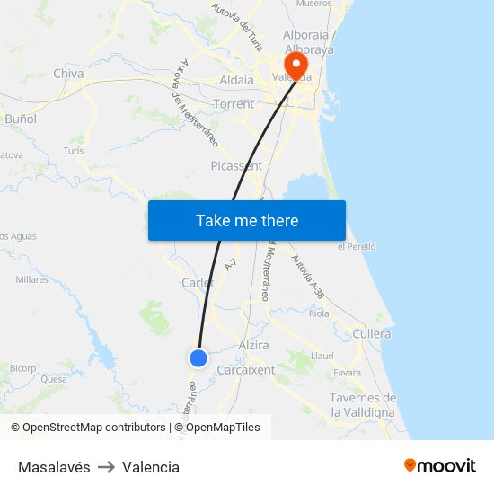 Masalavés to Valencia map