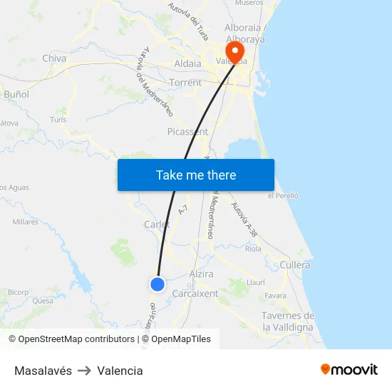 Masalavés to Valencia map