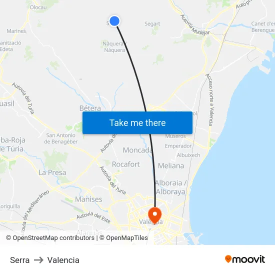Serra to Valencia map