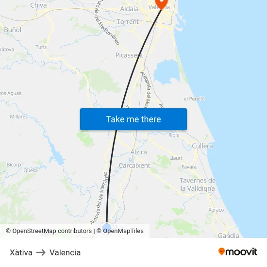 Xàtiva to Valencia map