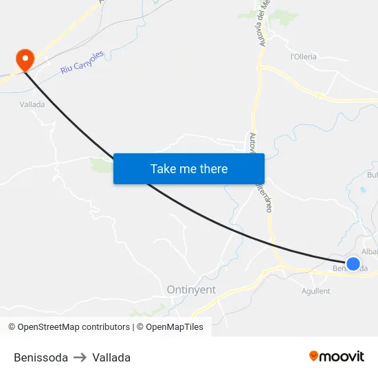 Benissoda to Vallada map