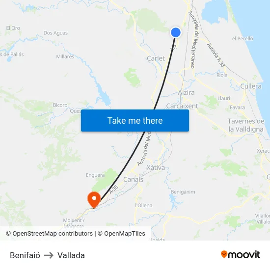 Benifaió to Vallada map