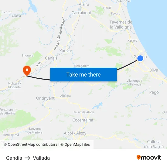 Gandía to Vallada map