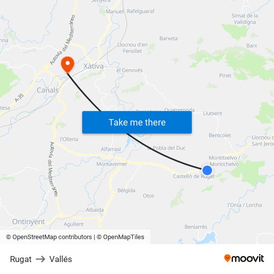 Rugat to Vallés map