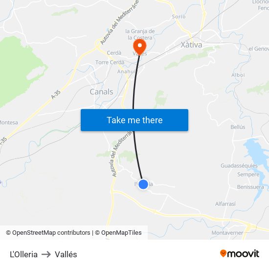 L'Olleria to Vallés map