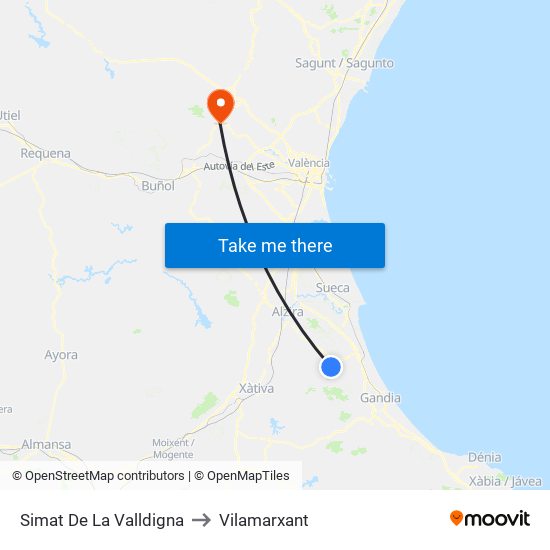 Simat De La Valldigna to Vilamarxant map