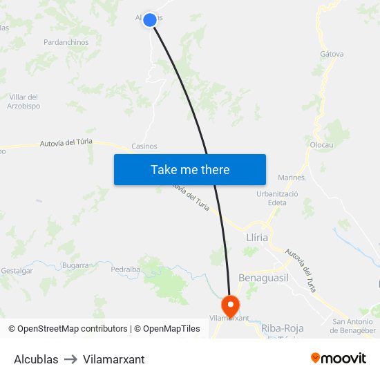 Alcublas to Vilamarxant map