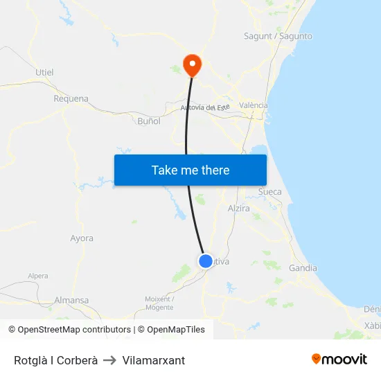 Rotglà I Corberà to Vilamarxant map