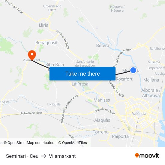 Seminari - Ceu to Vilamarxant map