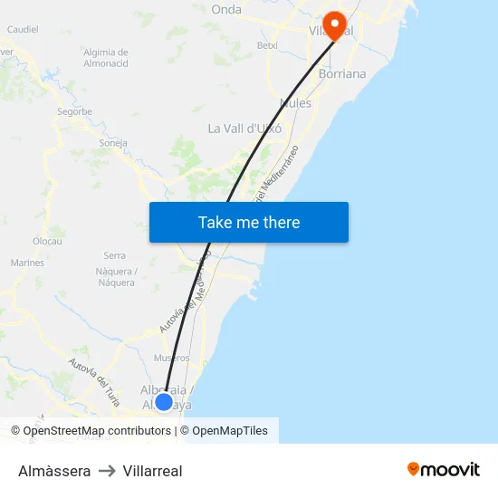 Almàssera to Villarreal map