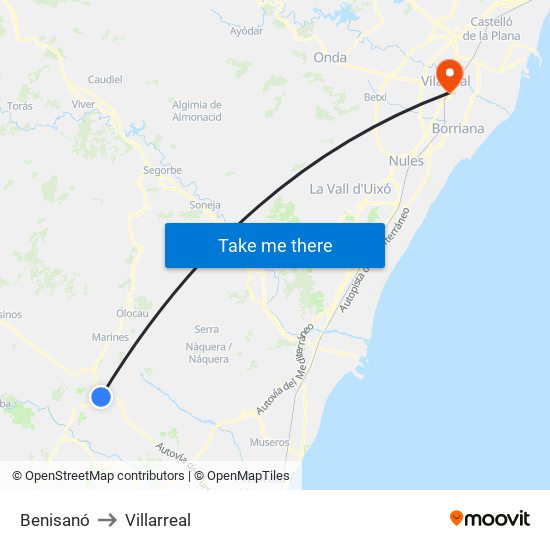 Benisanó to Villarreal map