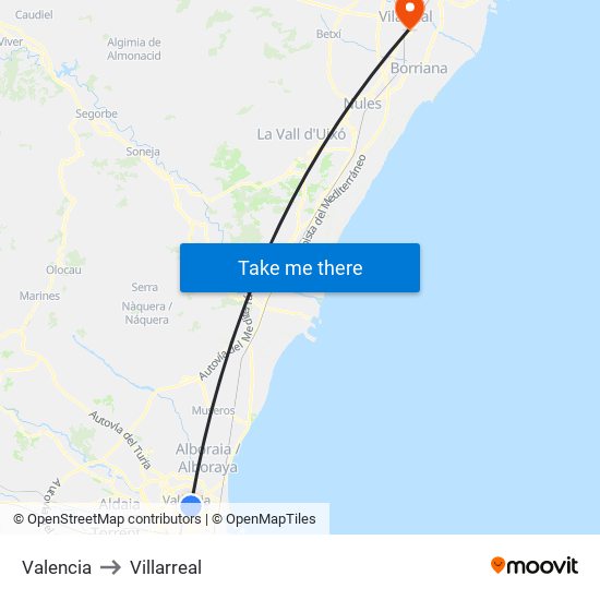 Valencia to Villarreal map