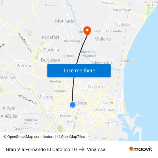 València. Gran Vía Fernando El Católico, 10 to Vinalesa map