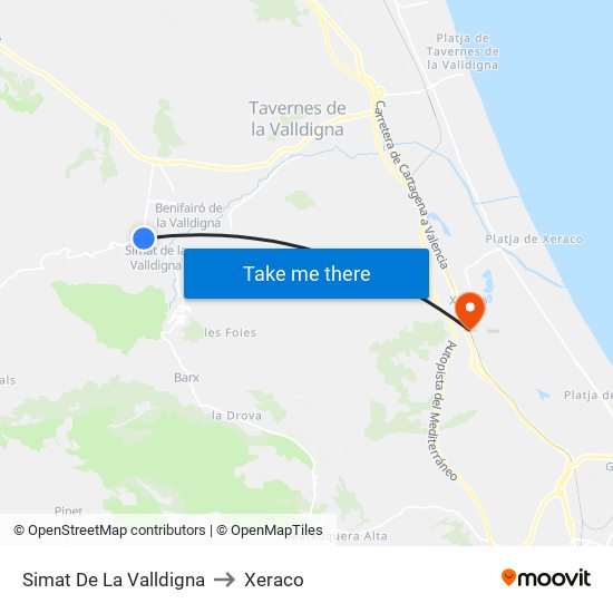Simat De La Valldigna to Xeraco map