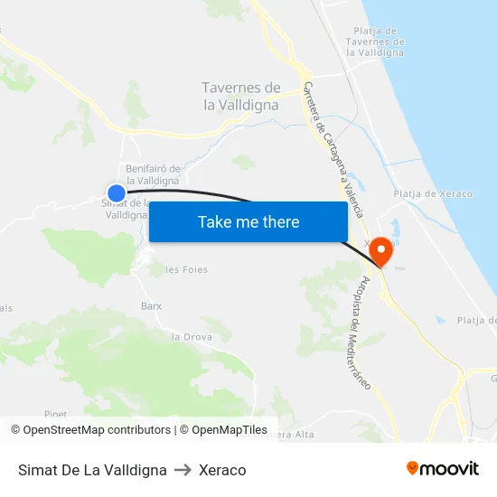 Simat De La Valldigna to Xeraco map