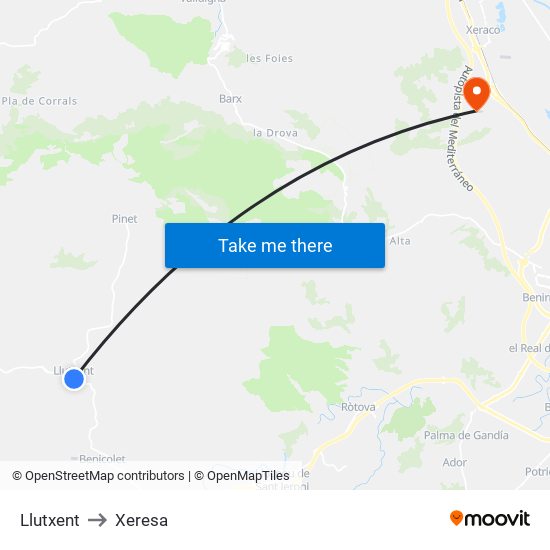 Llutxent to Xeresa map
