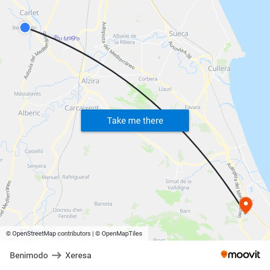 Benimodo to Xeresa map