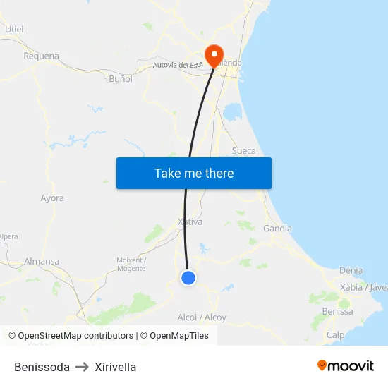 Benissoda to Xirivella map