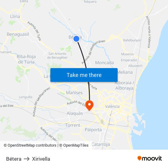 Bétera to Xirivella map