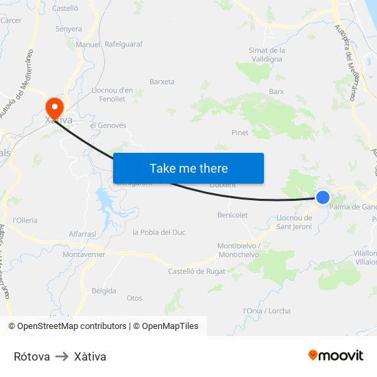 Rótova to Xàtiva map