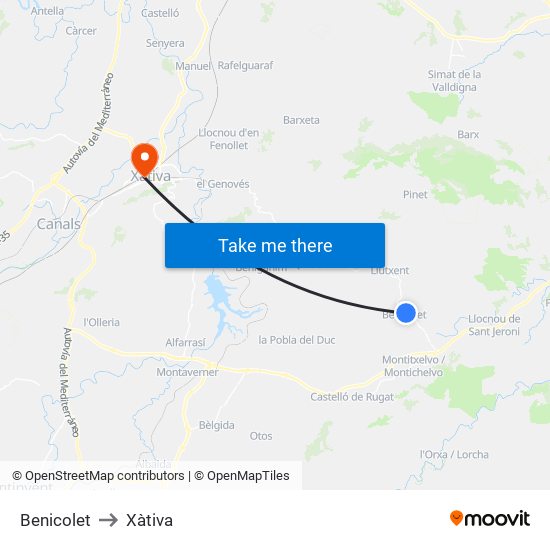 Benicolet to Xàtiva map