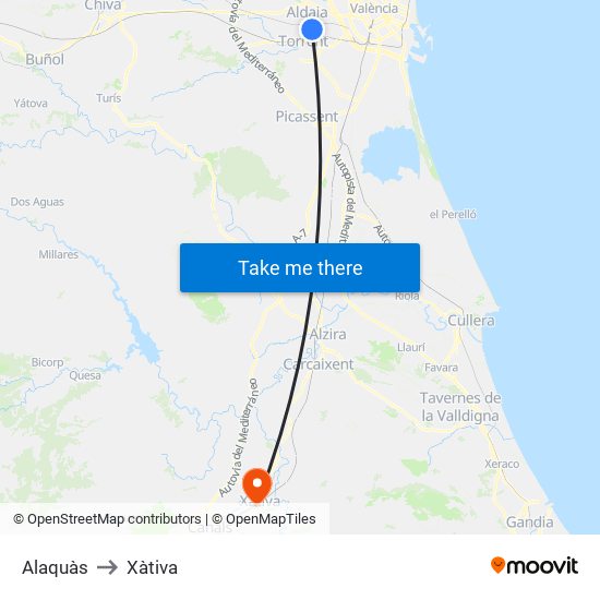Alaquàs to Xàtiva map