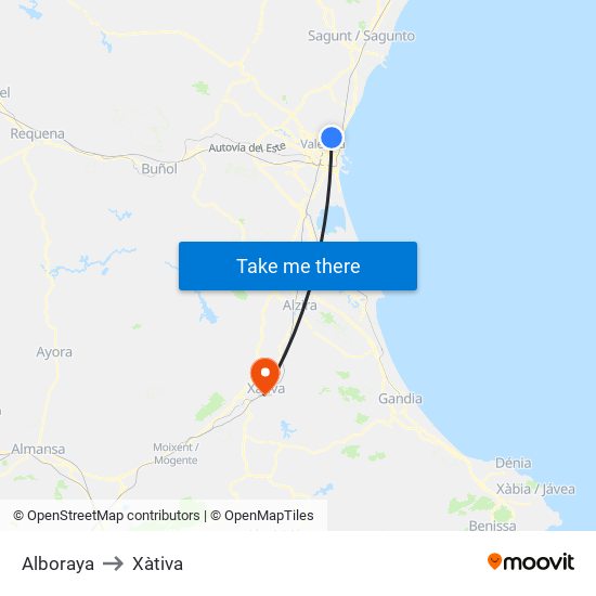 Alboraya to Xàtiva map