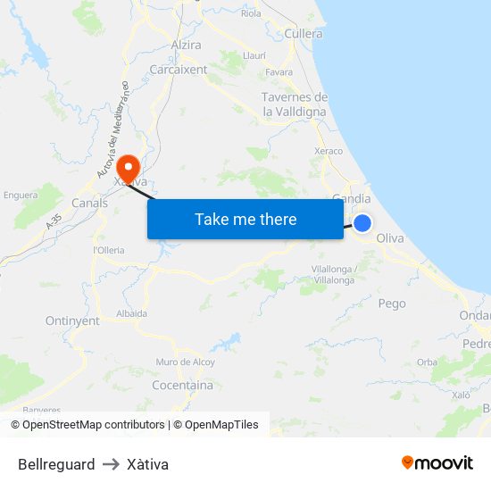 Bellreguard to Xàtiva map