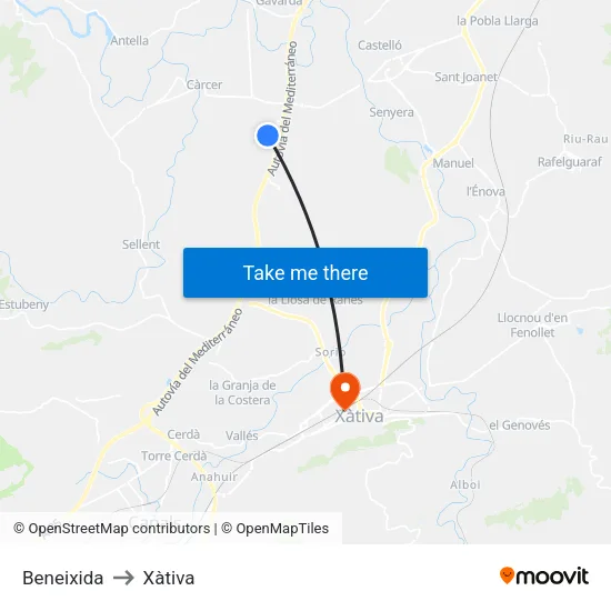 Beneixida to Xàtiva map