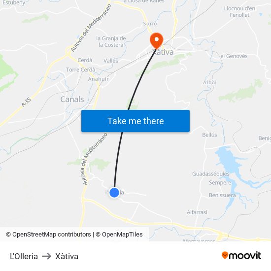L'Olleria to Xàtiva map