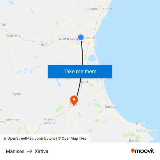 Manises to Xàtiva map