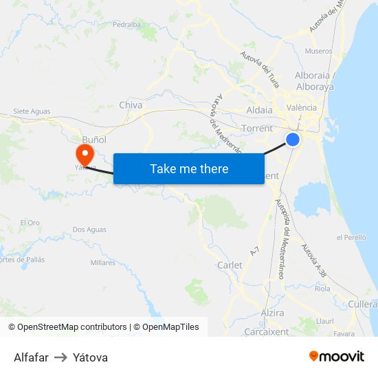 Alfafar to Yátova map