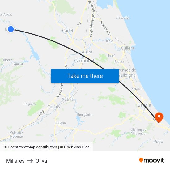 Millares to Oliva map