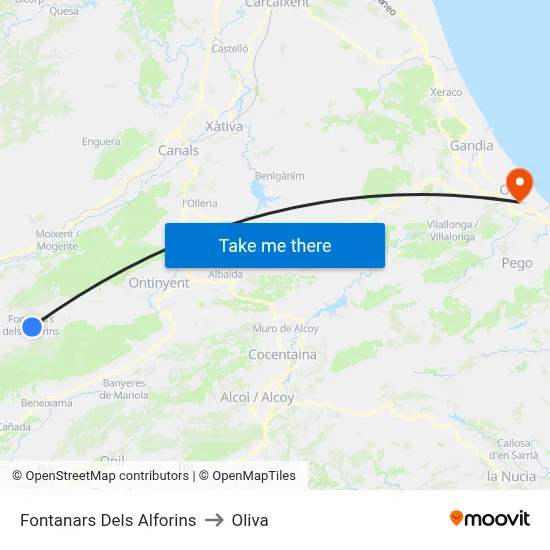 Fontanars Dels Alforins to Oliva map