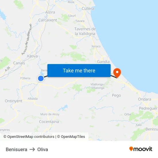 Benisuera to Oliva map