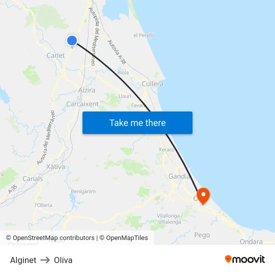 Alginet to Oliva map