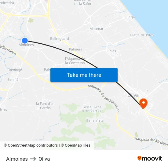 Almoines to Oliva map