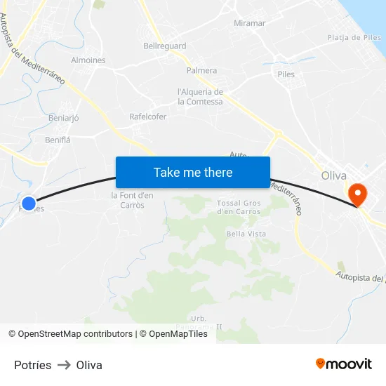 Potríes to Oliva map