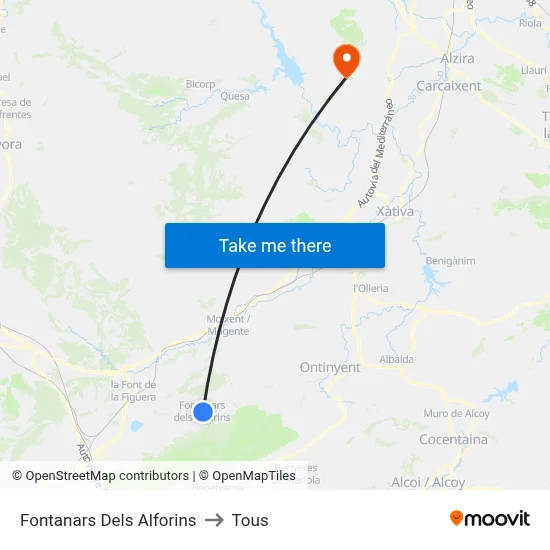 Fontanars Dels Alforins to Tous map