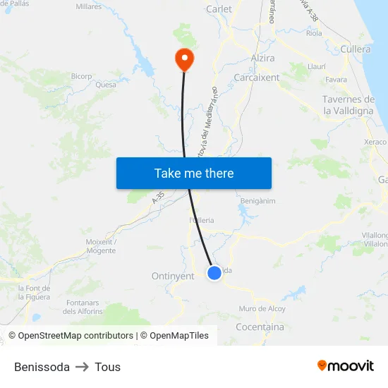 Benissoda to Tous map