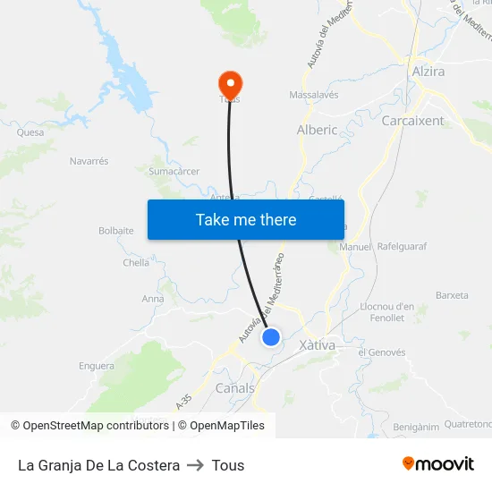 La Granja De La Costera to Tous map