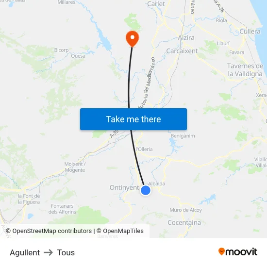 Agullent to Tous map