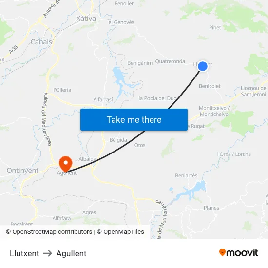 Llutxent to Agullent map